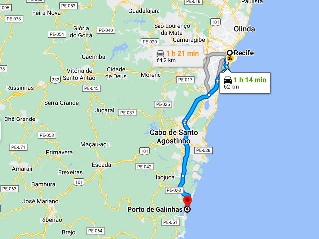 Como chegar a Porto de Galinhas, Litoral Sul, Pernambuco &copy; Google, ilustração